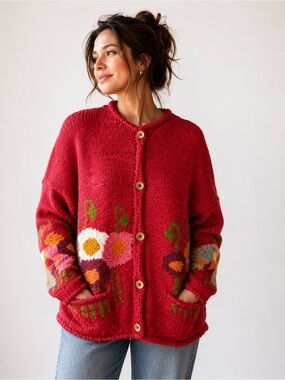AMANO Hand Knit Wool Cardigan Pink Floral Sweater Boho Cottagecore Oversized